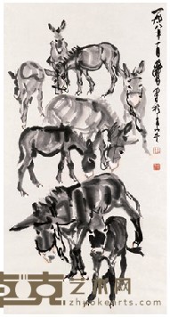 黄冑 1988年作 八驴图 立轴 100*52cm